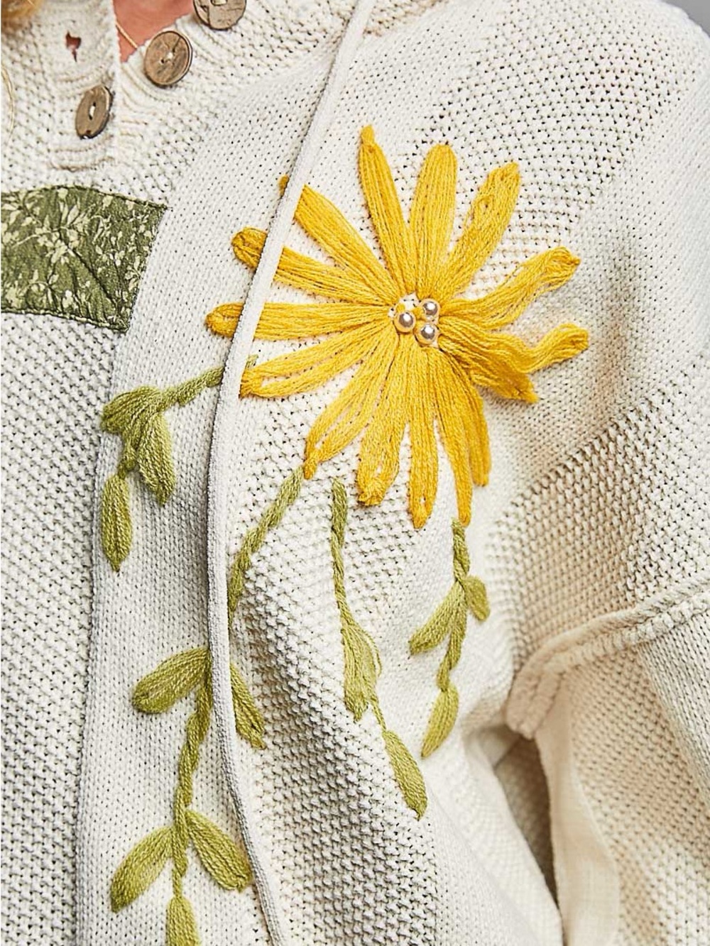 POL Cream Sunflower Embroidered Oversized Knit Boho Hoodie - Picture 8 of 8